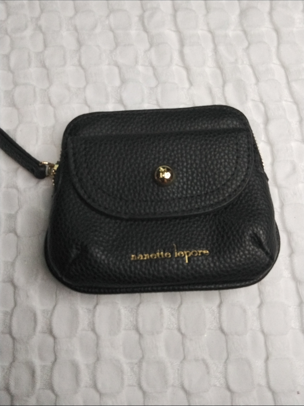 Nanette Lepore Black Pebbled Leather Coin Purse with Gold Logo